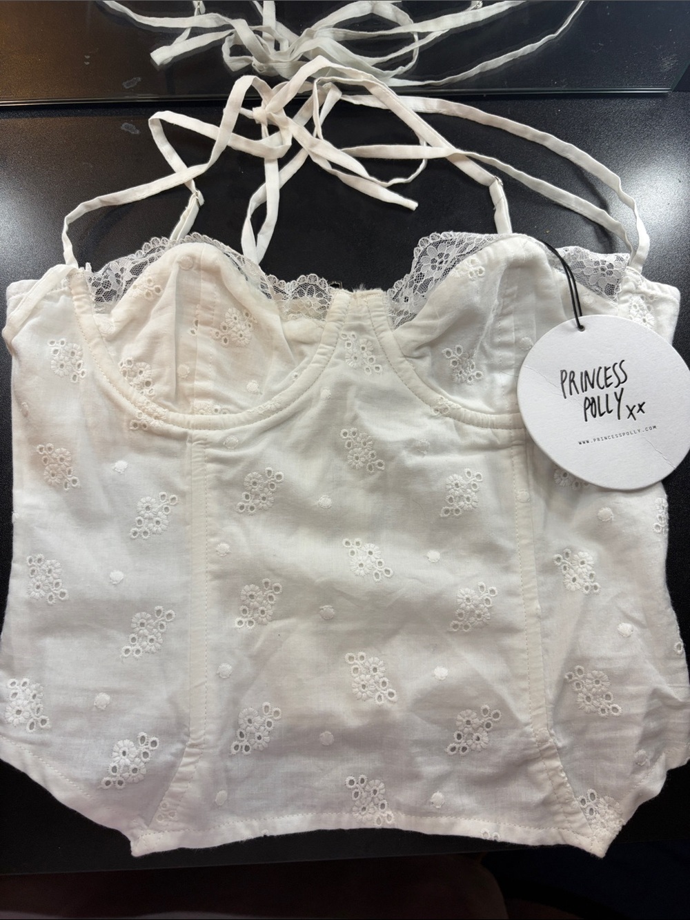 Princess Polly White Eyelet Bustier Camisole with Lace Trim